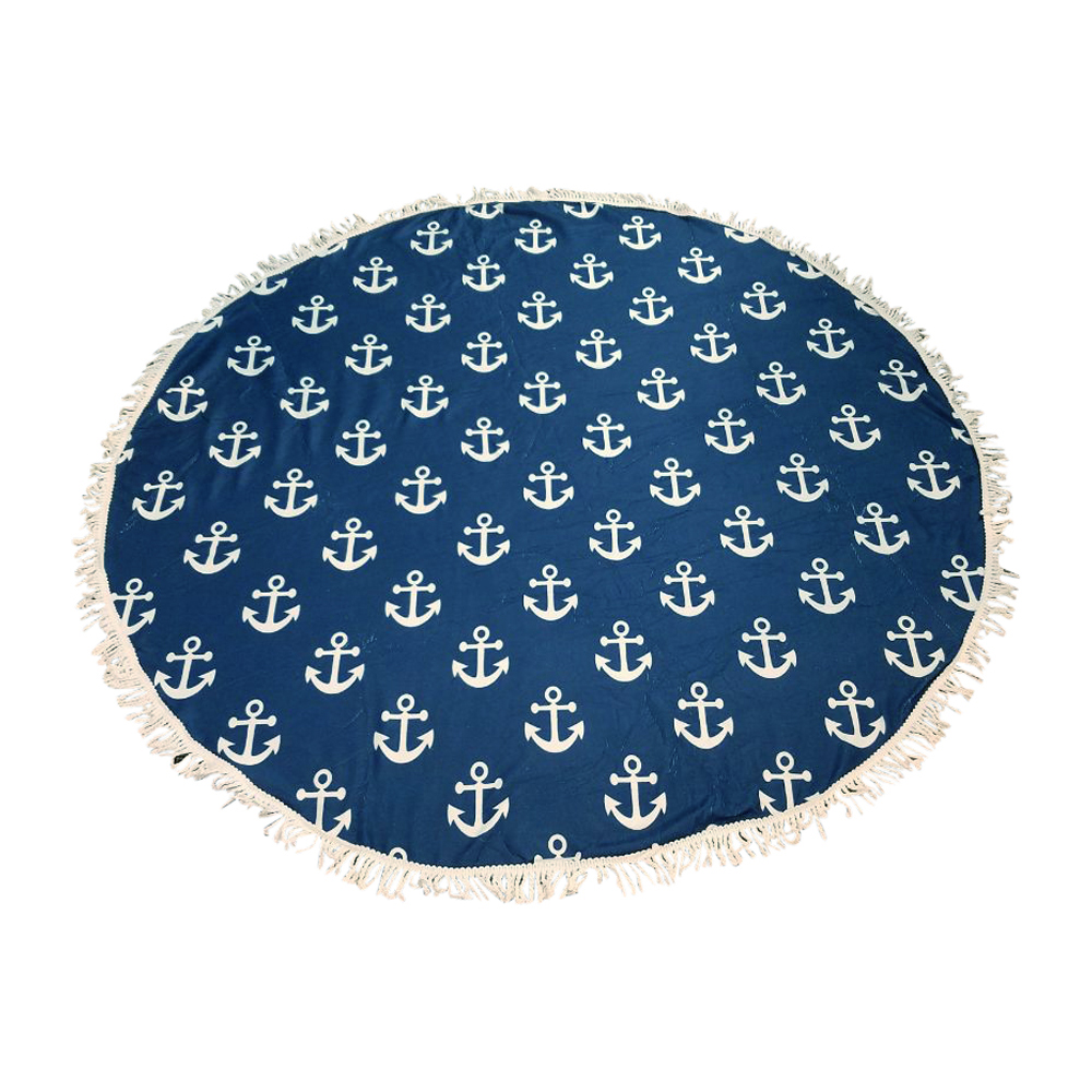 Anchors Away Print 60" Round Fringed Beach Towel - NAVY - CLOSEOUT