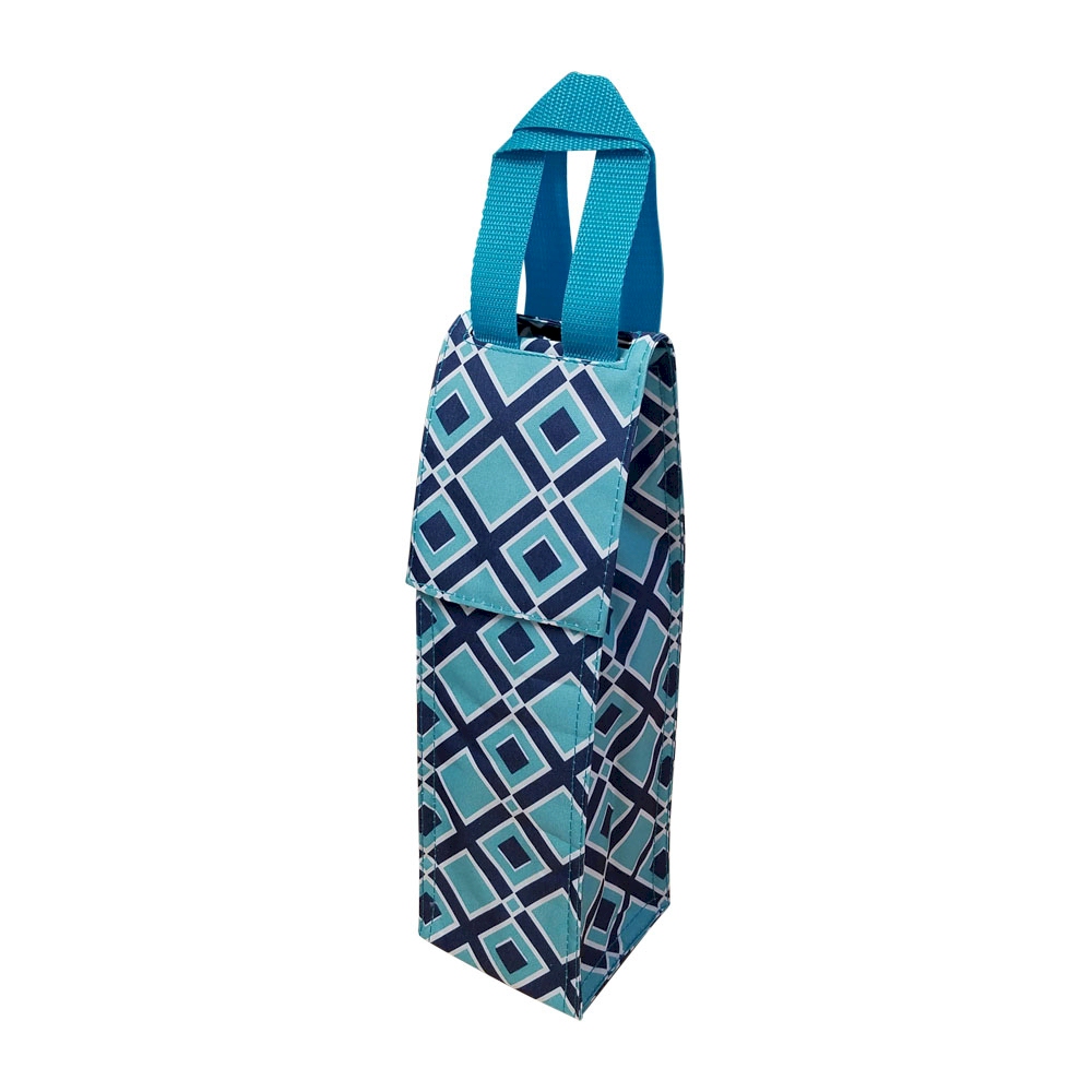 Times Square Print Insulated Wine Bottle Tote w/ Monogrammable Flap - TURQUOISE TRIM