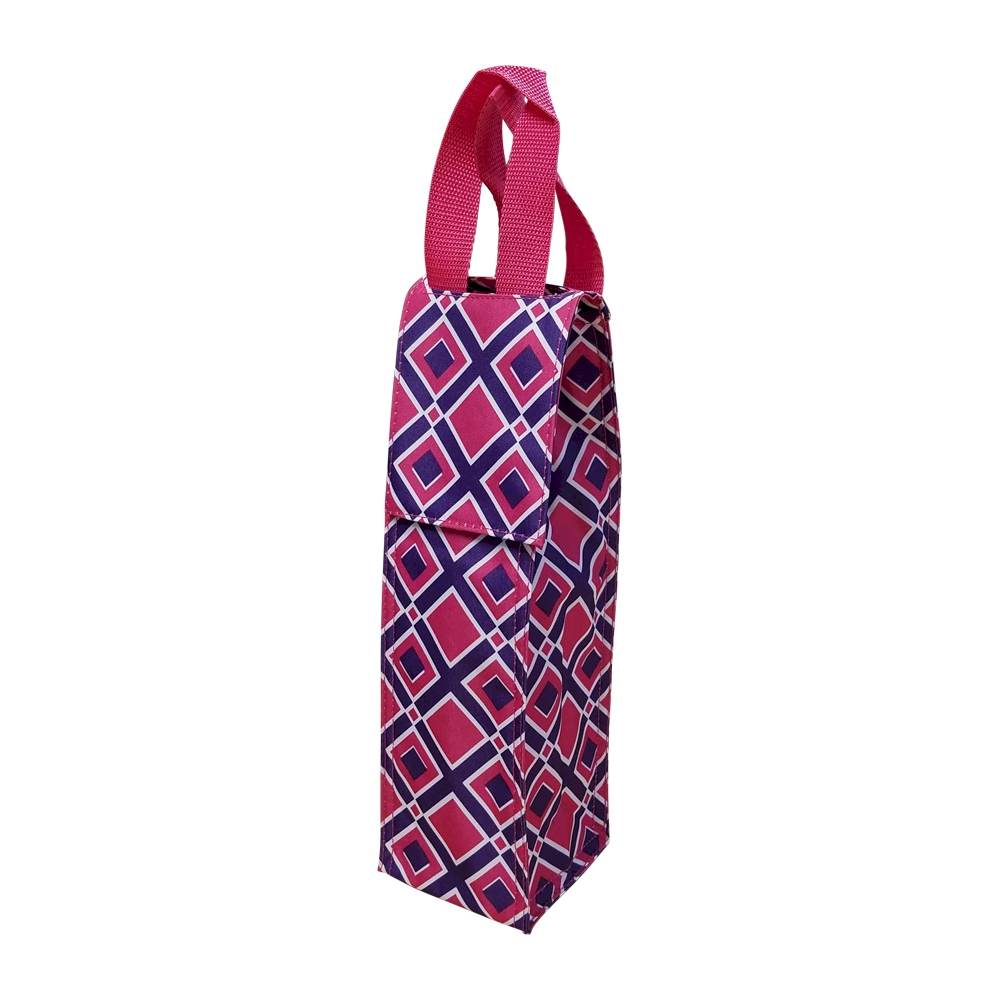 Times Square Print Insulated Wine Bottle Tote w/ Monogrammable Flap - HOT PINK TRIM - CLOSEOUT