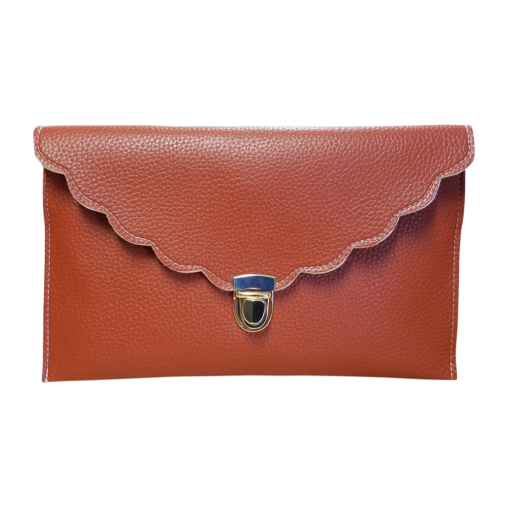 Scalloped Leatherette Envelope Clutch Purse Embroidery Blank With Detachable Gold Shoulder Chain - CLAY BROWN