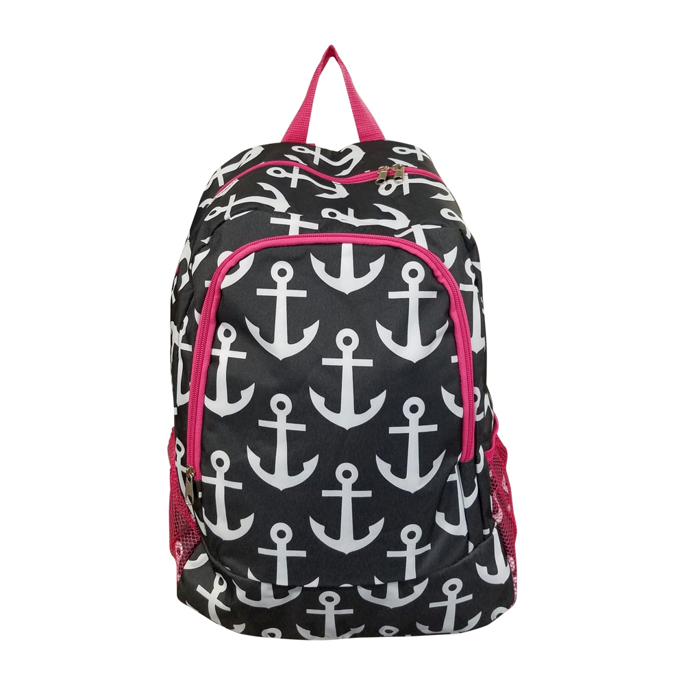 Anchor Print Backpack Embroidery Blanks - BLACK/HOT PINK TRIM - CLOSEOUT