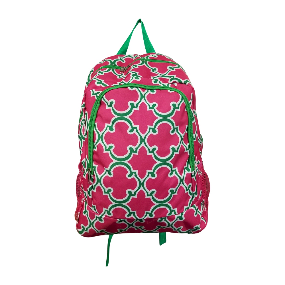 Quatrefoil Print Backpack Embroidery Blanks - HOT PINK/GREEN TRIM - CLOSEOUT