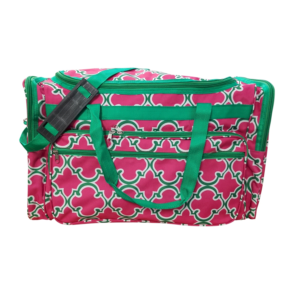 Quatrefoil Print Large Duffel Bag Embroidery Blanks - HOT PINK/GREEN TRIM - CLOSEOUT