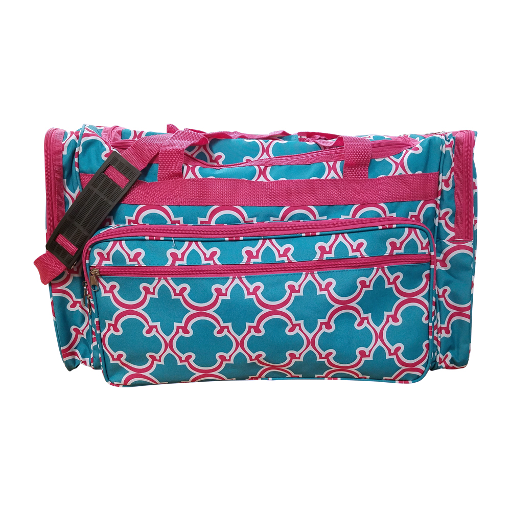 Quatrefoil Print Large Duffel Bag Embroidery Blanks - TURQUOISE/HOT PINK TRIM - CLOSEOUT