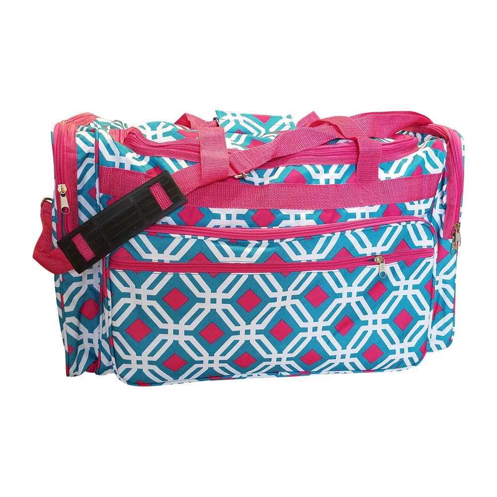 Graphic Print Large Duffel Bag Embroidery Blanks - TURQUIOISE/HOT PINK TRIM - CLOSEOUT