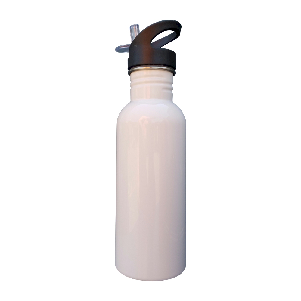 600mL Silver Stainless Steel Water Bottle with Straw Top - WHITE