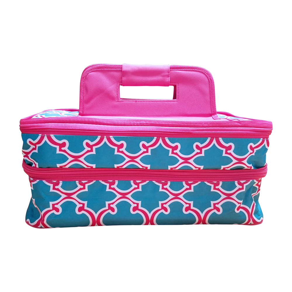 Quatrefoil Print Double Decker Casserole Carrier Tote Embroidery Blanks - TURQUOISE/HOT PINK TRIM