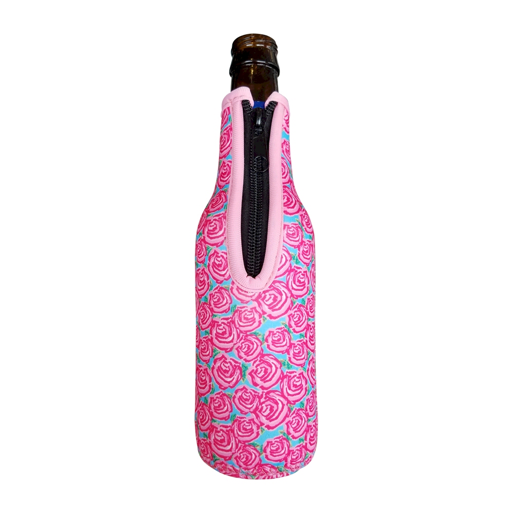 The Coral Palms® 12oz Long Neck Zipper Neoprene Bottle Coolie - RADIANT ROSES - CLOSEOUT