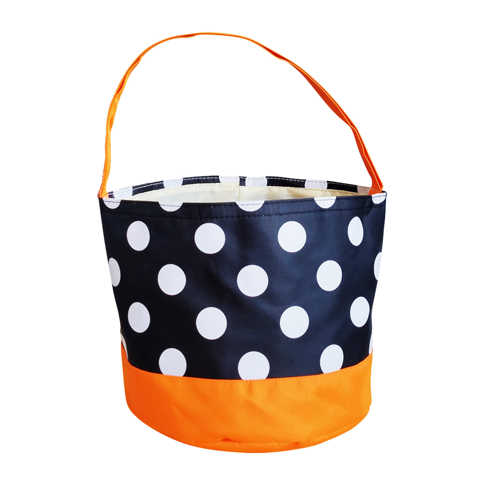 Monogrammable Easter Basket & Halloween Bucket Tote - BLACK DOT/ORANGE TRIM
