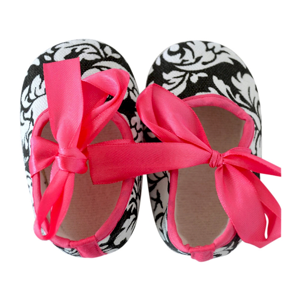 Damask Print Baby Crib Shoes - HOT PINK BOW - CLOSEOUT
