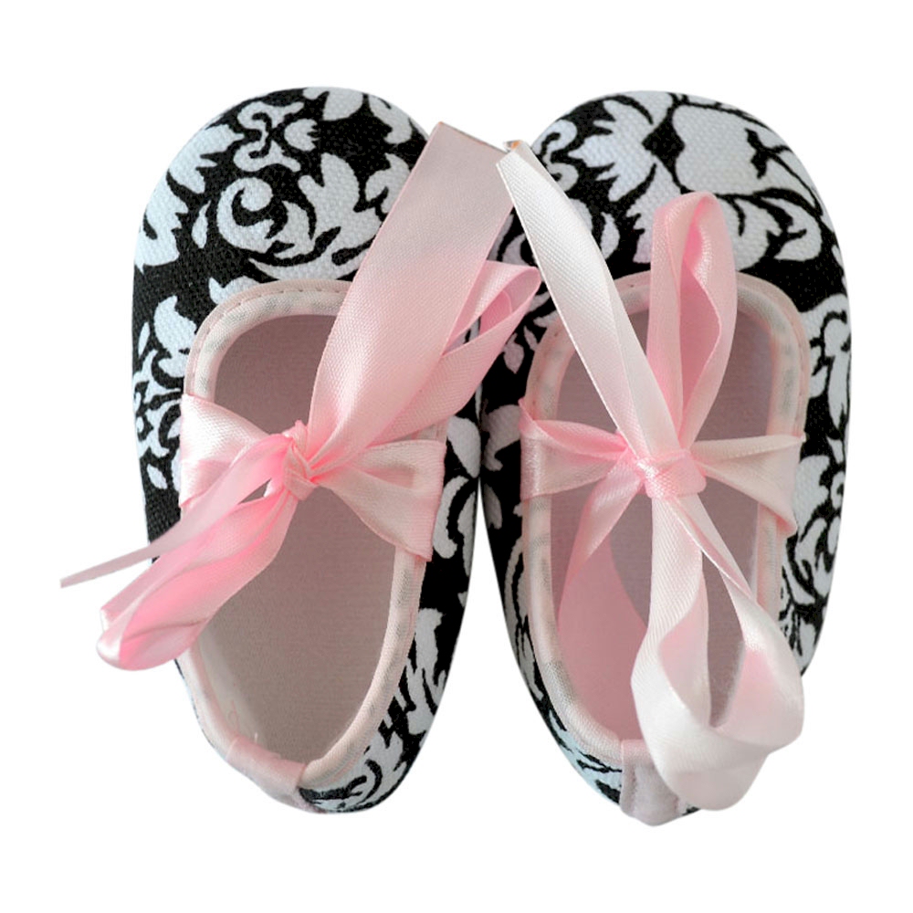 Damask Print Baby Crib Shoes - LIGHT PINK RIBBON - CLOSEOUT