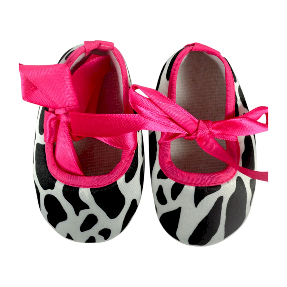 Cow Print Baby Crib Shoes - HOT PINK RIBBON - CLOSEOUT