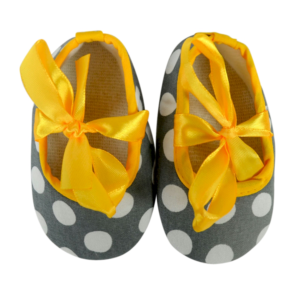 Gray Jumbo Dot Print Baby Crib Shoes - YELLOW BOW - CLOSEOUT