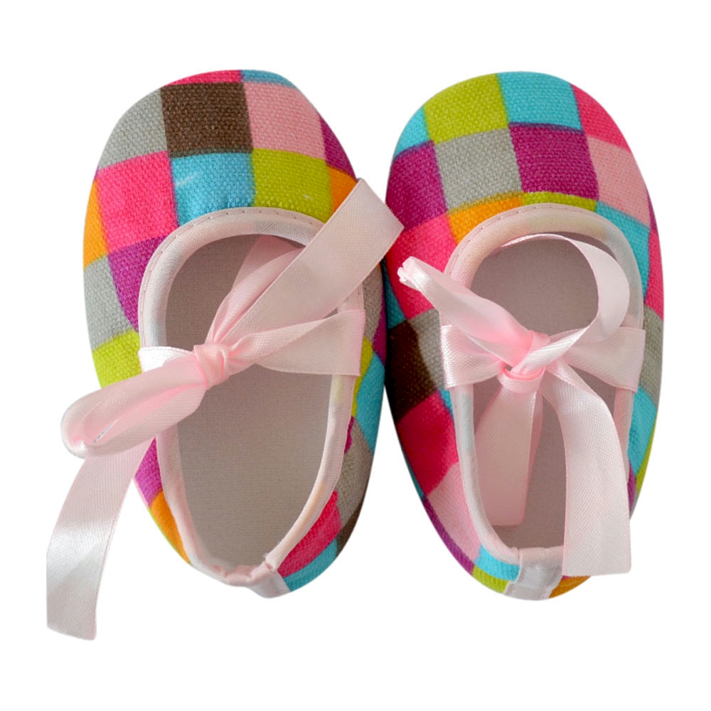 Multi-Color Plaid Print Baby Crib Shoes - LIGHT PINK RIBBON - CLOSEOUT