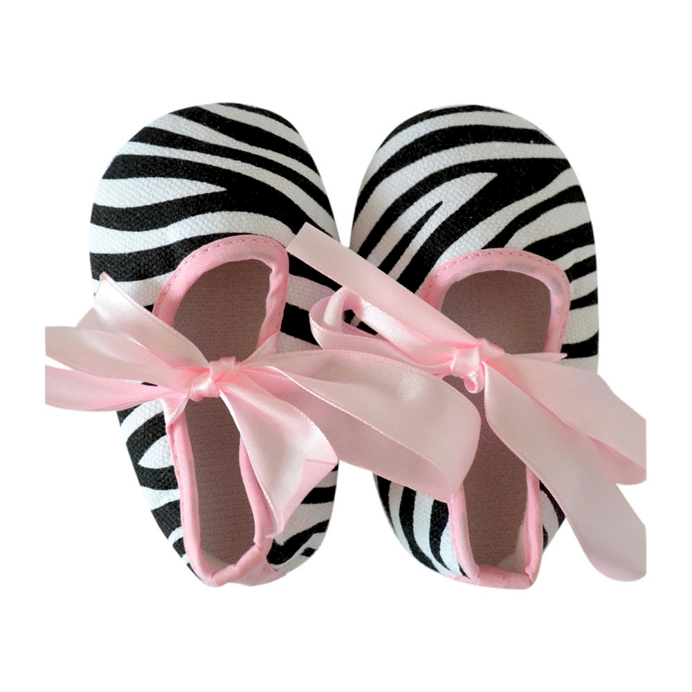 Zebra Print Baby Crib Shoes - LIGHT PINK BOW - CLOSEOUT