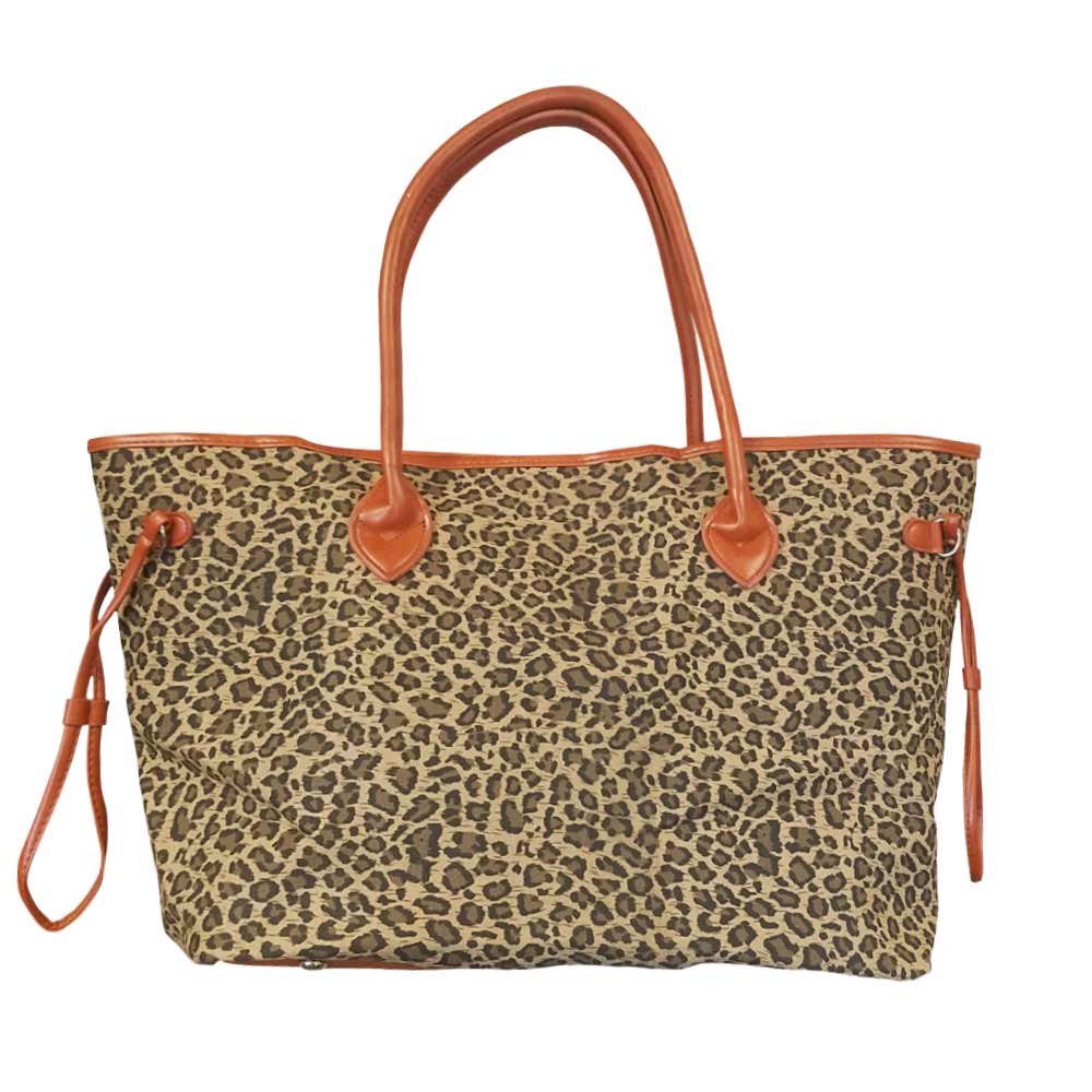Oversized Leopard Print Tote with Light Brown Faux Leather Trim & Accents