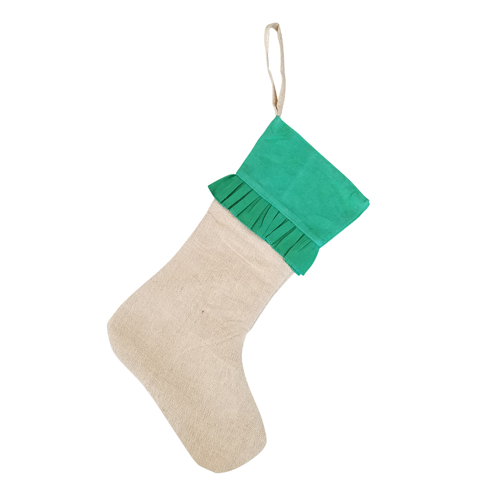 Blank Burlap Christmas Stocking with Ruffle - GREEN CUFF - CLOSEOUT