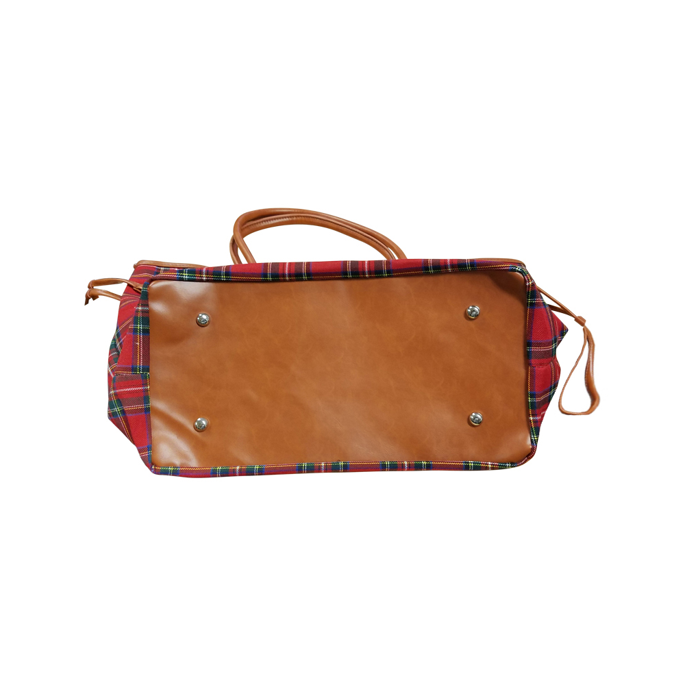 Oversized Plaid Tote with Light Brown Faux Leather Trim & Accents - RED PLAID - CLOSEOUT