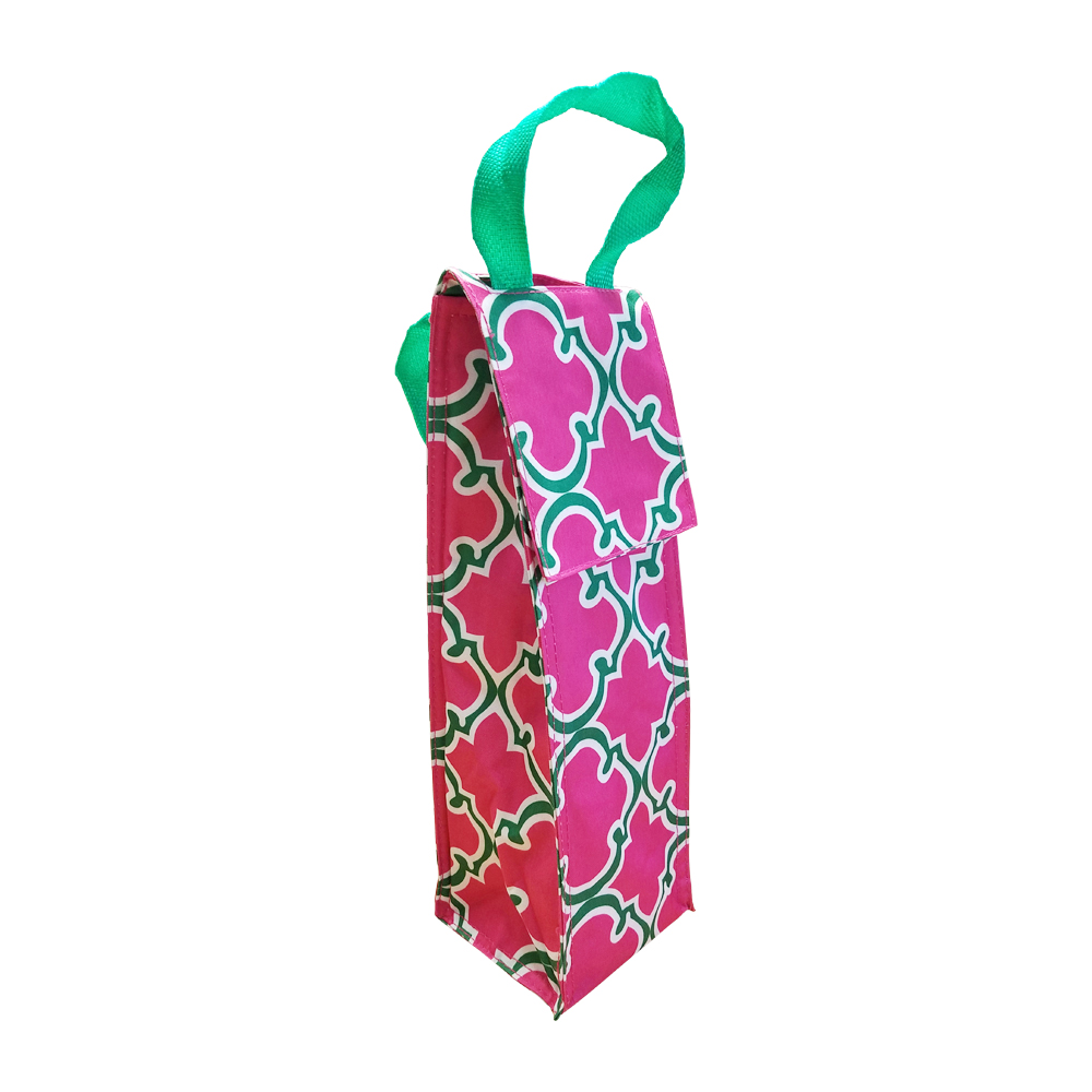 Quatrefoil Print Insulated Wine Bottle Tote w/ Monogrammable Flap - HOT PINK/GREEN TRIM