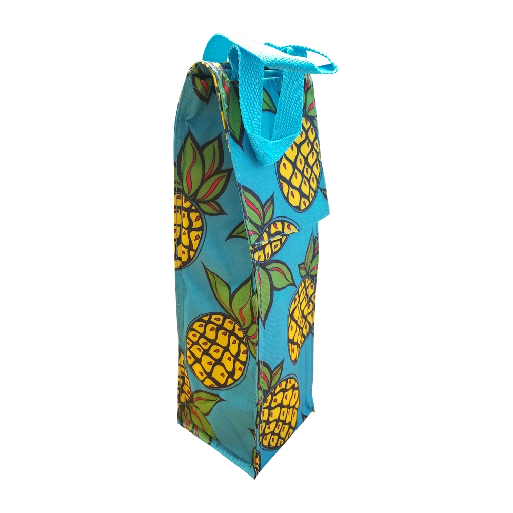 Pineapple Print Insulated Wine Bottle Tote w/ Monogrammable Flap - AQUA TRIM