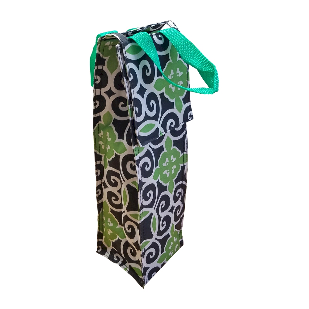 Swirl Print Insulated Wine Bottle Tote w/ Monogrammable Flap - GREEN TRIM