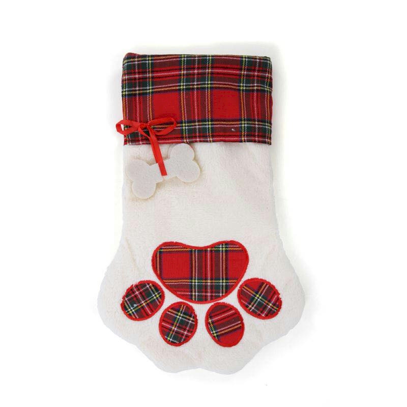 Plaid Paw Print Pet Christmas Stocking with Dog Bones - CLOSEOUT