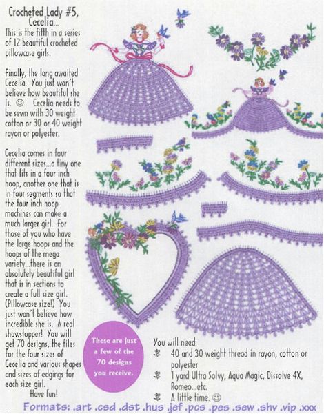 Cecelia Crocheted Lady No 5 Sew Artfully Yours by Cindy Losekamp Embroidery Designs on Multi-Format CD-ROM