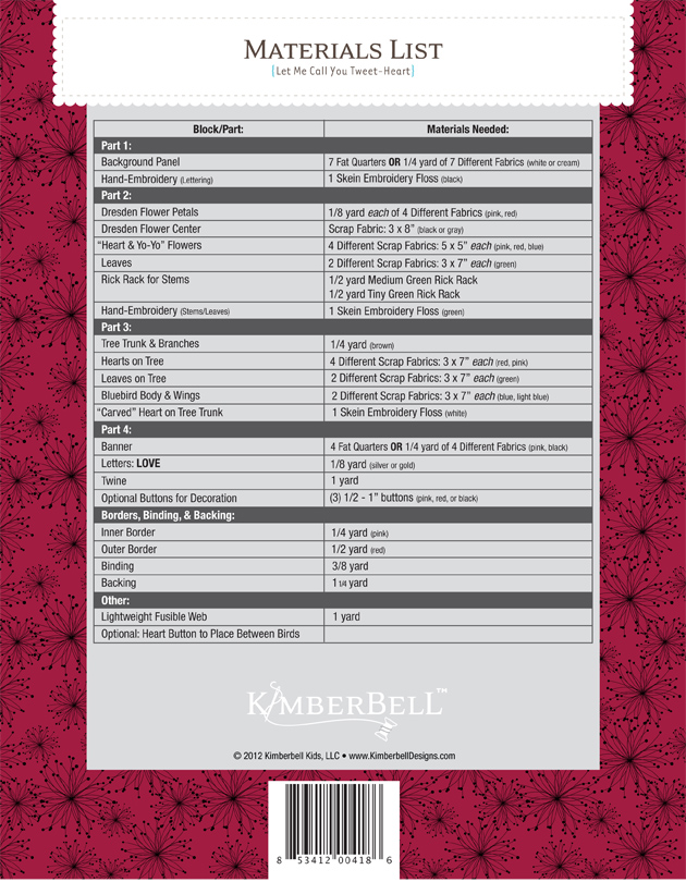 Kimberbell Let Me Call You Tweet-Heart Wall-Hanging Quilt Pattern 40 x 40