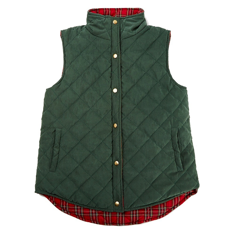 Diamond Quilted Plaid Reversible Vest - DARK GREEN - CLOSEOUT