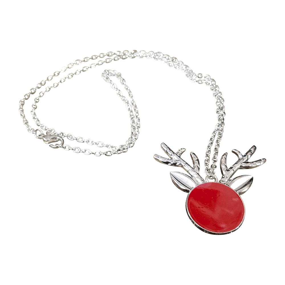 Silver-Tone Reindeer Medallion Necklace - RED - CLOSEOUT