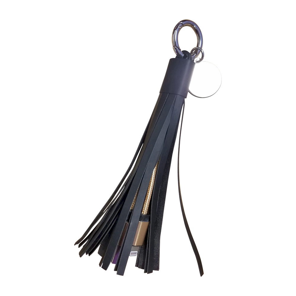 Power Tassel Keychain with Medallion and Hidden Cell Phone Chargers - BLACK