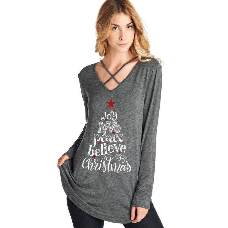 Joy Love Peace Believe Christmas - Cross Neck Long Sleeve Tunic - GRAY - CLOSEOUT