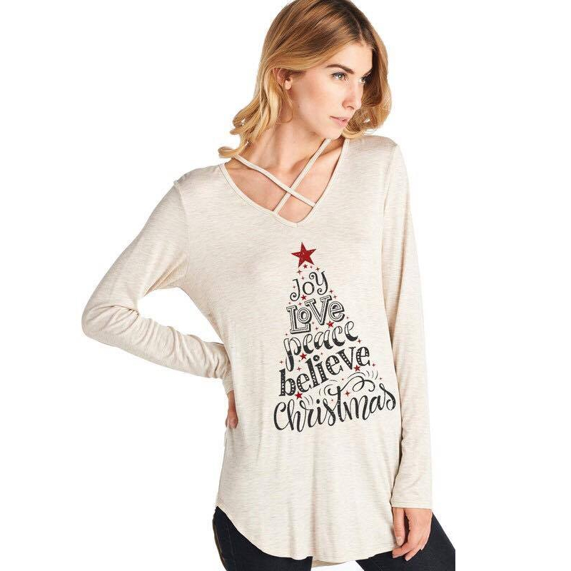 Joy Love Peace Believe Christmas - Cross Neck Long Sleeve Tunic - CREAM - CLOSEOUT