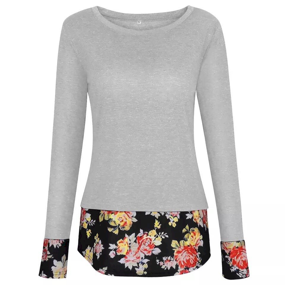 Long Sleeve Floral Contrast Shirt with Elbow Patch - LIGHT GRAY - CLOSEOUT