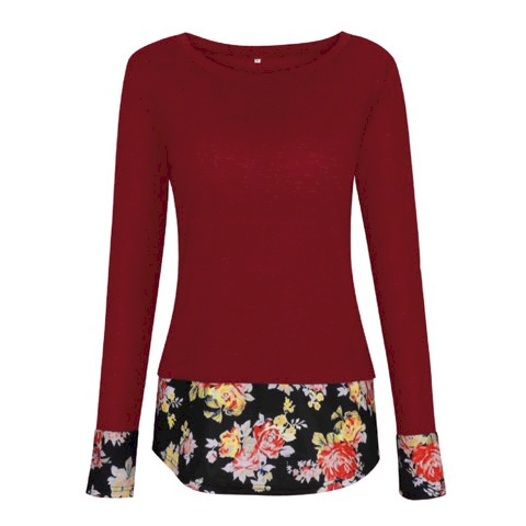 Long Sleeve Floral Contrast Shirt with Elbow Patch - WINE - CLOSEOUT