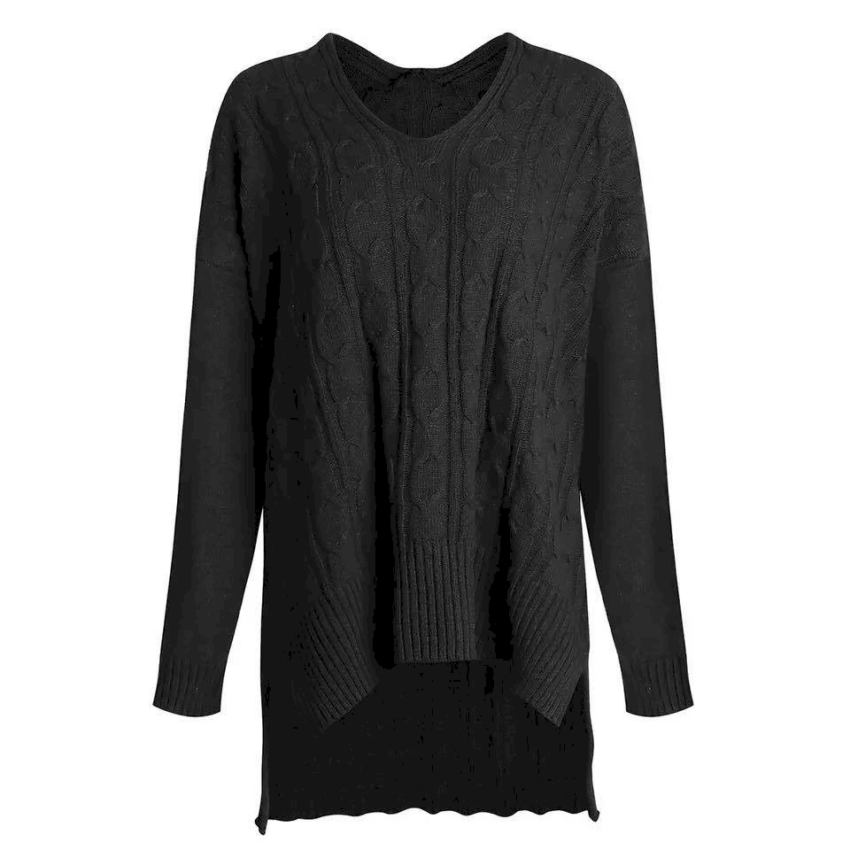 Chunky Knit V-Neck Tunic Sweater - BLACK - CLOSEOUT
