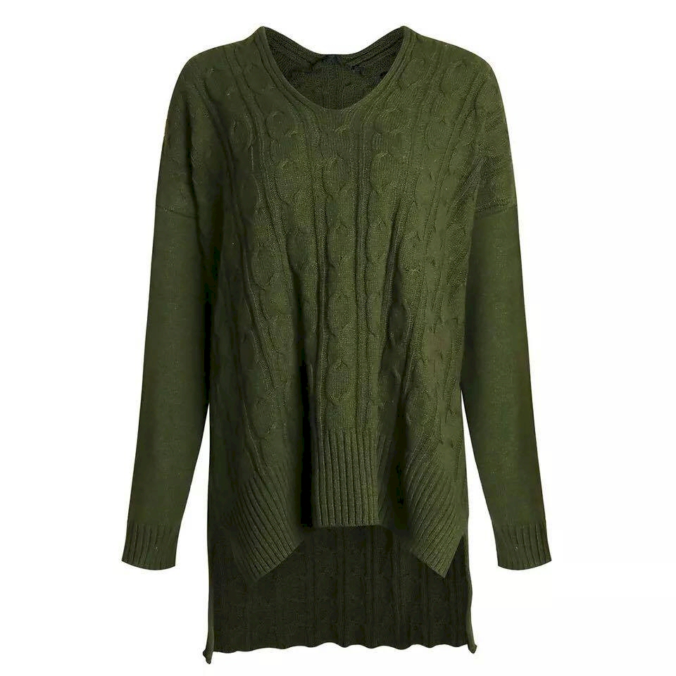 Chunky Knit V-Neck Tunic Sweater - ARMY GREEN - CLOSEOUT