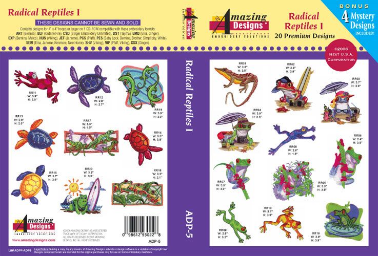 Radical Reptiles Amazing Designs ADP-5 Embroidery Designs on CD