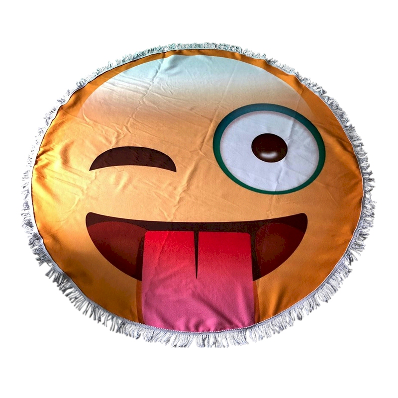 Emoji Print 60" Round Fringed Beach Towel - WINKY TONGUE OUT - CLOSEOUT
