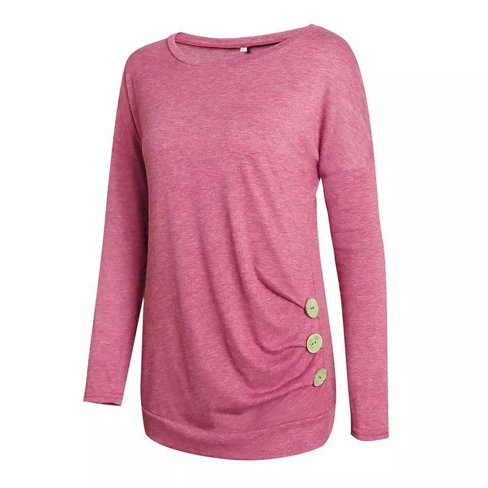 Casual Long Sleeve Crew Neck Tunic with Button Side Decor - PINK - CLOSEOUT