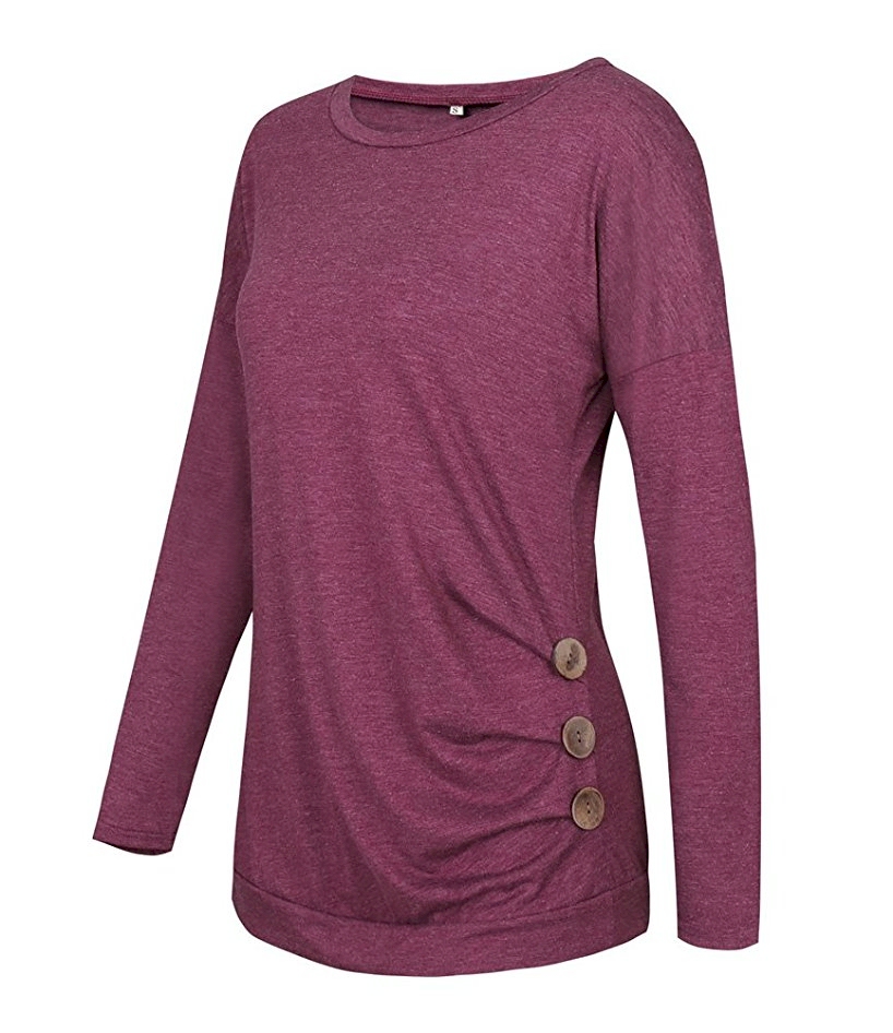 Casual Long Sleeve Crew Neck Tunic with Button Side Decor - WINE - CLOSEOUT