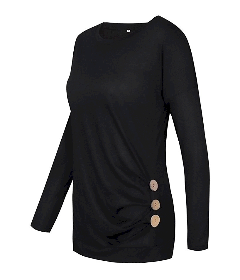 Casual Long Sleeve Crew Neck Tunic with Button Side Decor - BLACK - CLOSEOUT