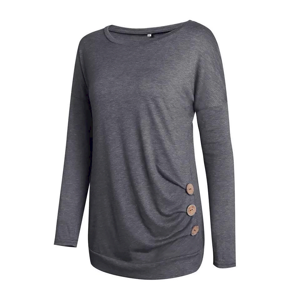 Casual Long Sleeve Crew Neck Tunic with Button Side Decor - CHARCOAL - CLOSEOUT