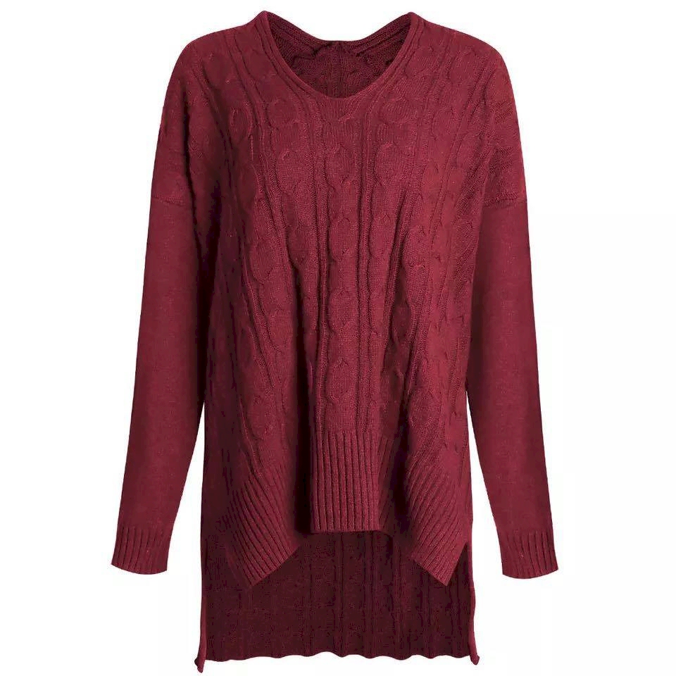 Chunky Knit V-Neck Tunic Sweater - WINE - CLOSEOUT