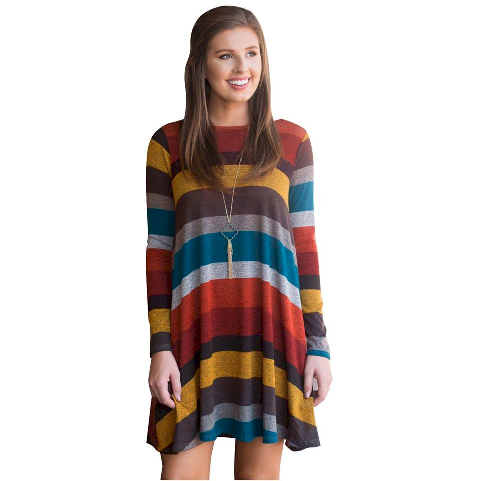 Casual Long Sleeve Crew Neck Striped Swing Dress with Pockets - AUTUMN - CLOSEOUT