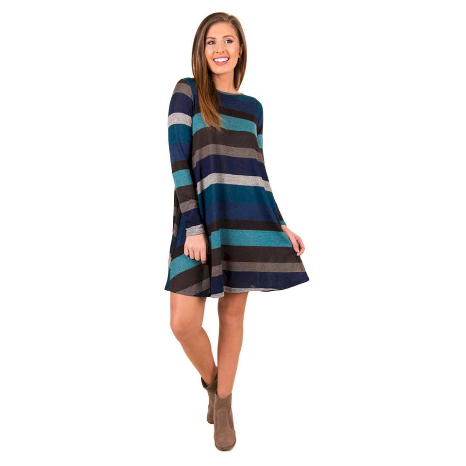 Casual Long Sleeve Crew Neck Striped Swing Dress with Pockets - MIXED BLUES - CLOSEOUT