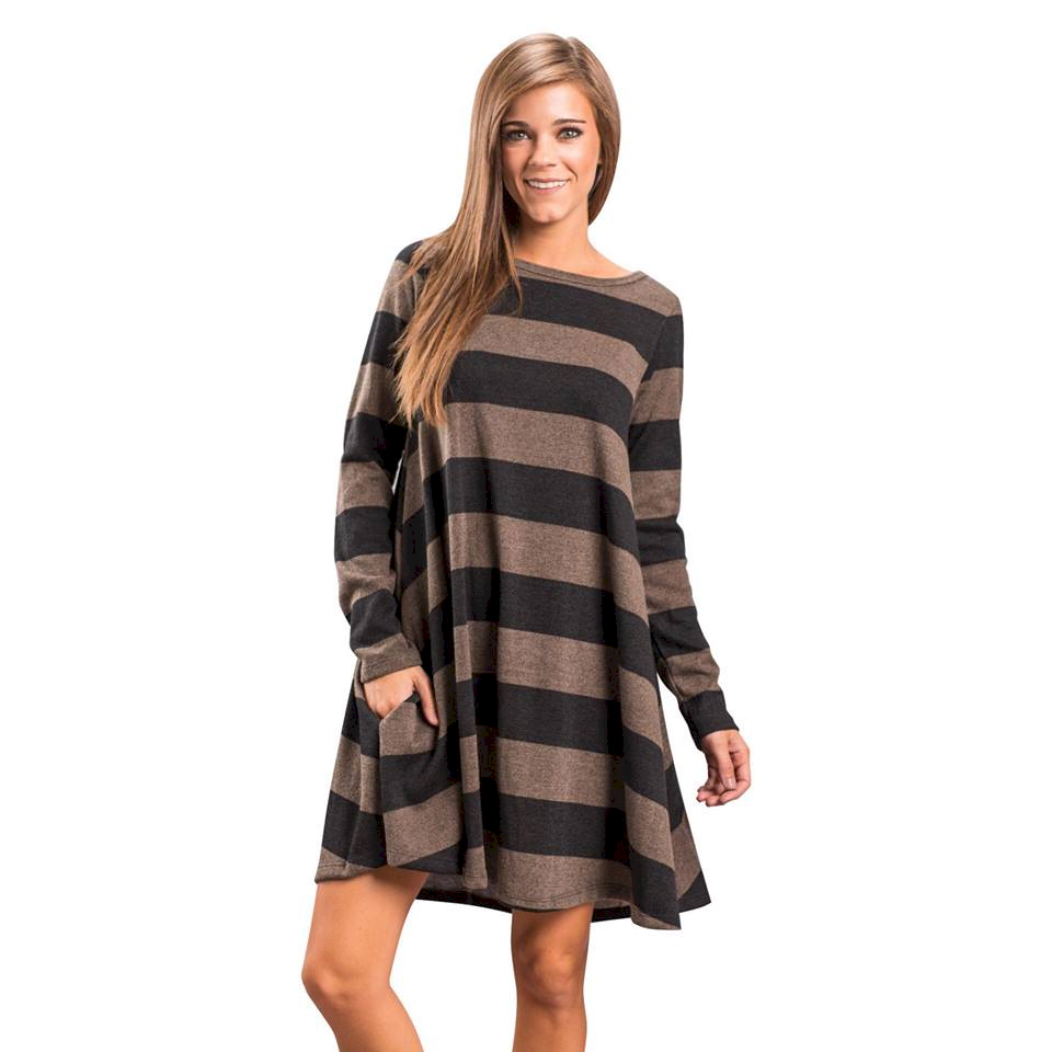 Casual Long Sleeve Crew Neck Striped Swing Dress with Pockets - DARK CHOCOLATE - CLOSEOUT
