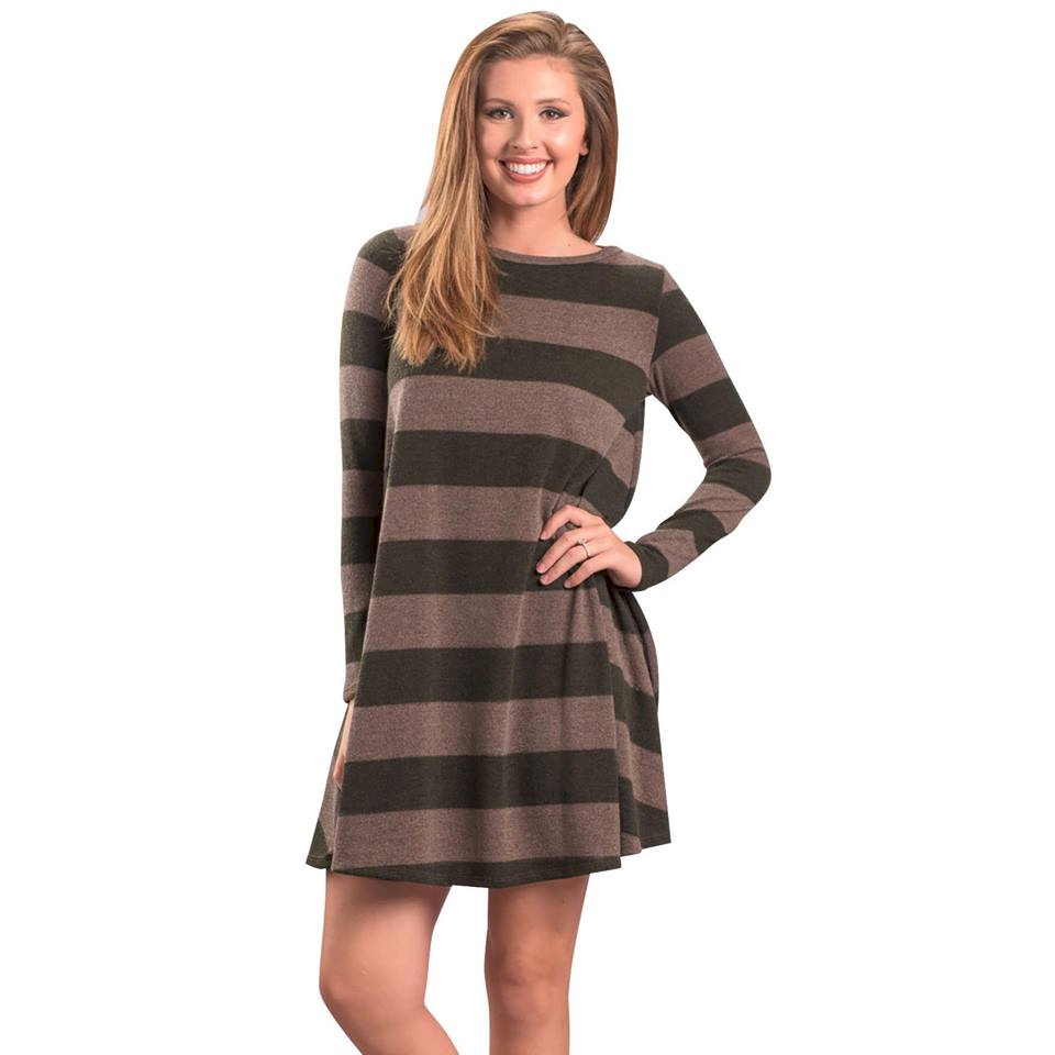 Casual Long Sleeve Crew Neck Striped Swing Dress with Pockets - OLIVE YOU - CLOSEOUT