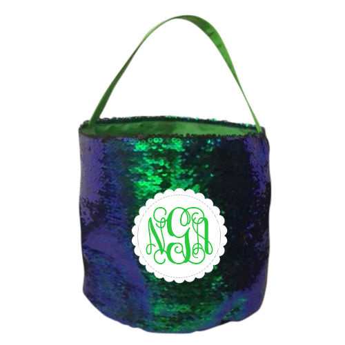 Mermaid Easter Bunny & Halloween Bucket Tote with Scalloped Medallion - BLUE GREEN/BLACK - CLOSEOUT