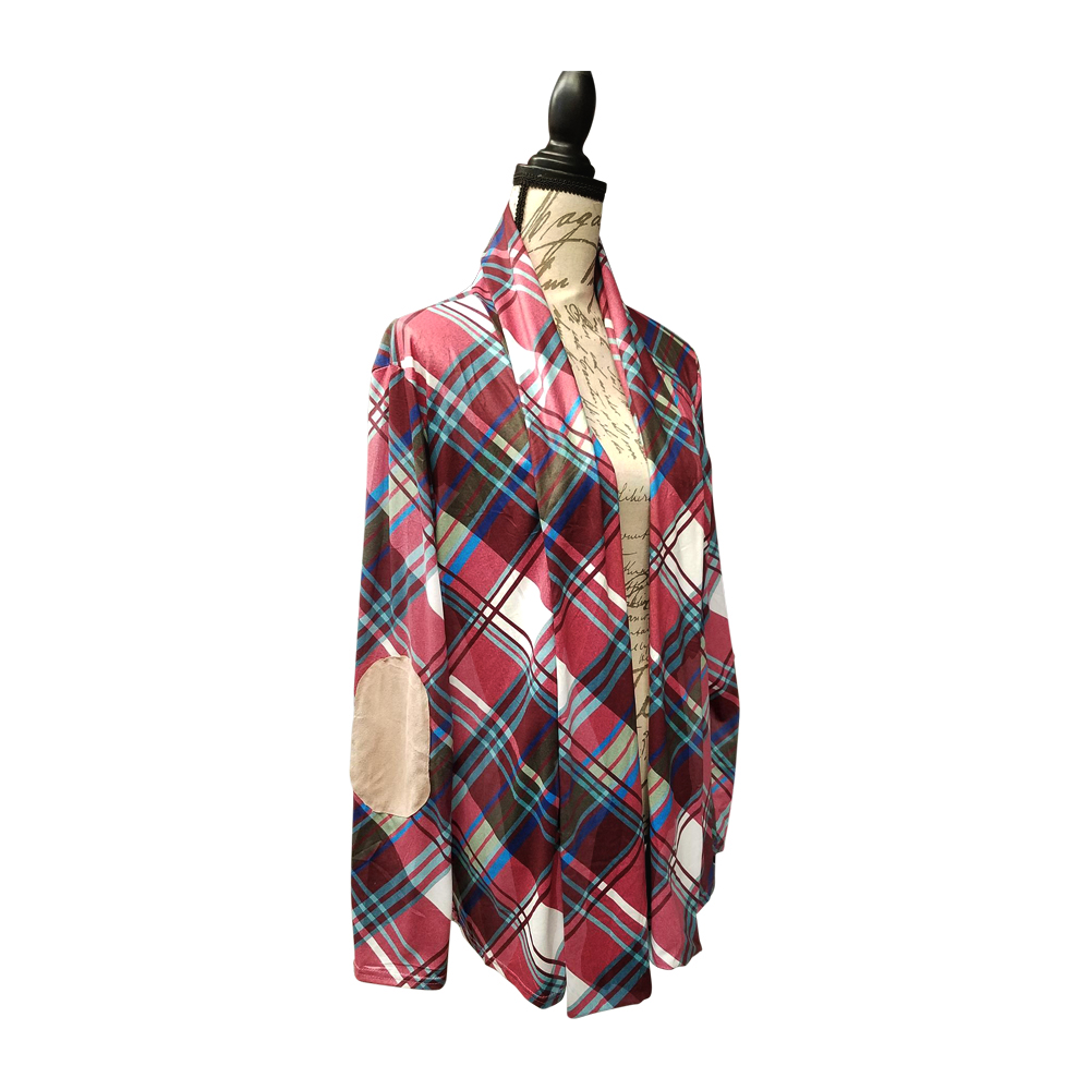 Lightweight Open Front Cardigan with Elbow Patches - PLUM PLAID - CLOSEOUT